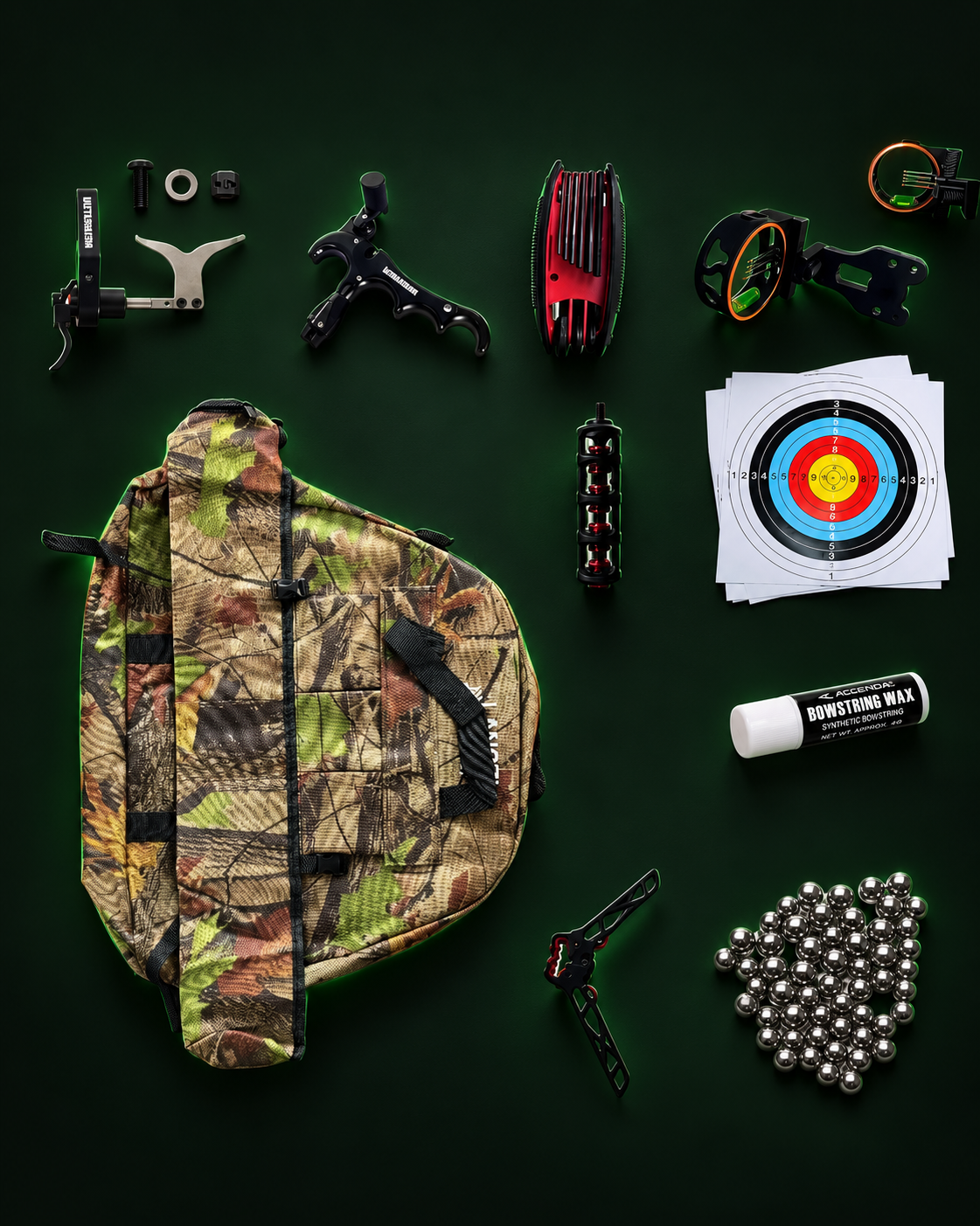 Archery equipment kit with bow bag, targets and adjustment tools on a dark green background