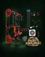 BFL-DX2 red compound bow and kit on a dark green studio background