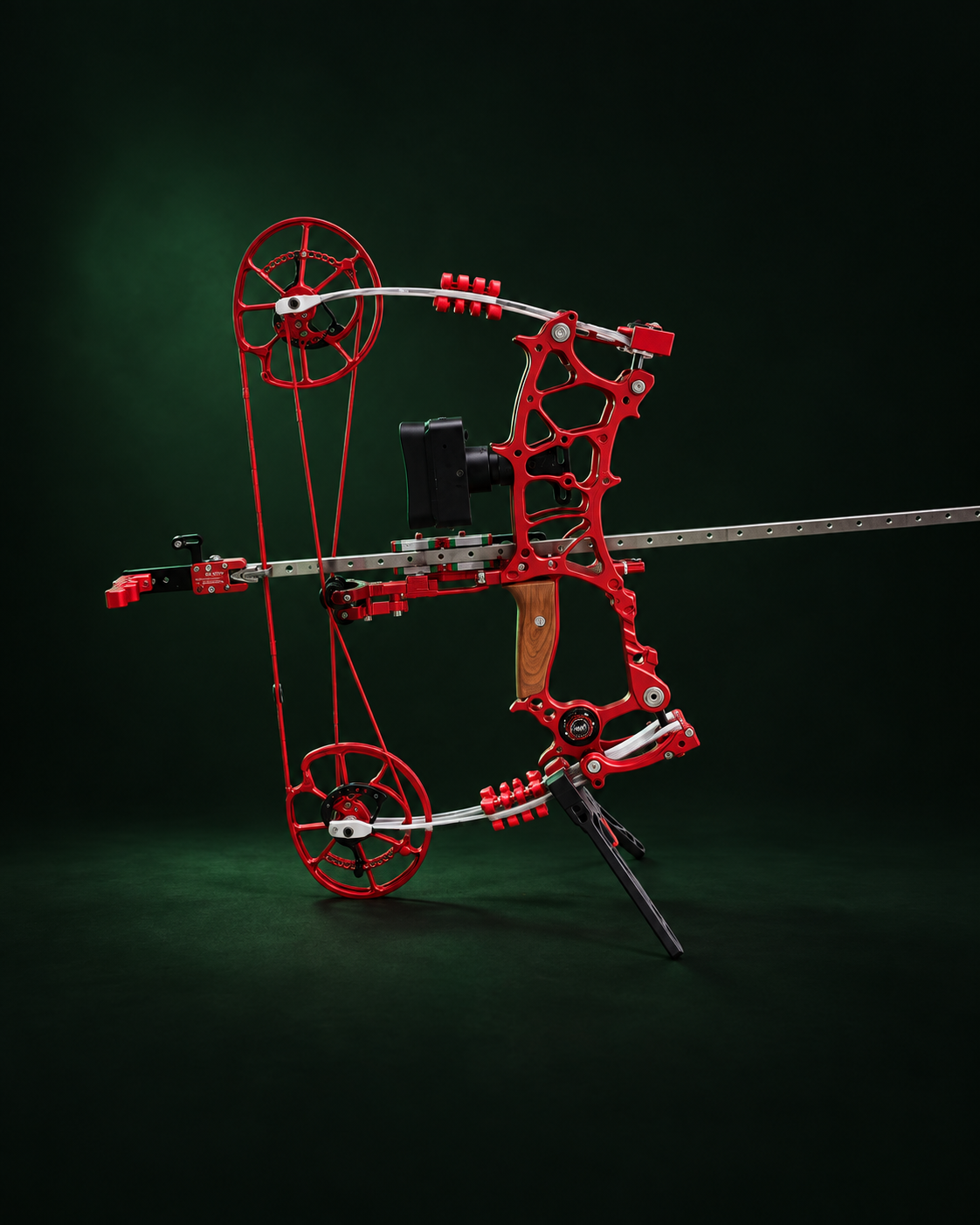BFL-LM1 red compound bow with scope and training rod in a dark studio