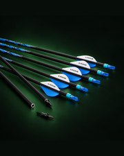 Carbon archery arrows, blue and white vanes, on a dark green studio background